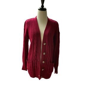 Loft Burgundy Long Sleeve V-Neck Cable Knit Cardigan Size S
